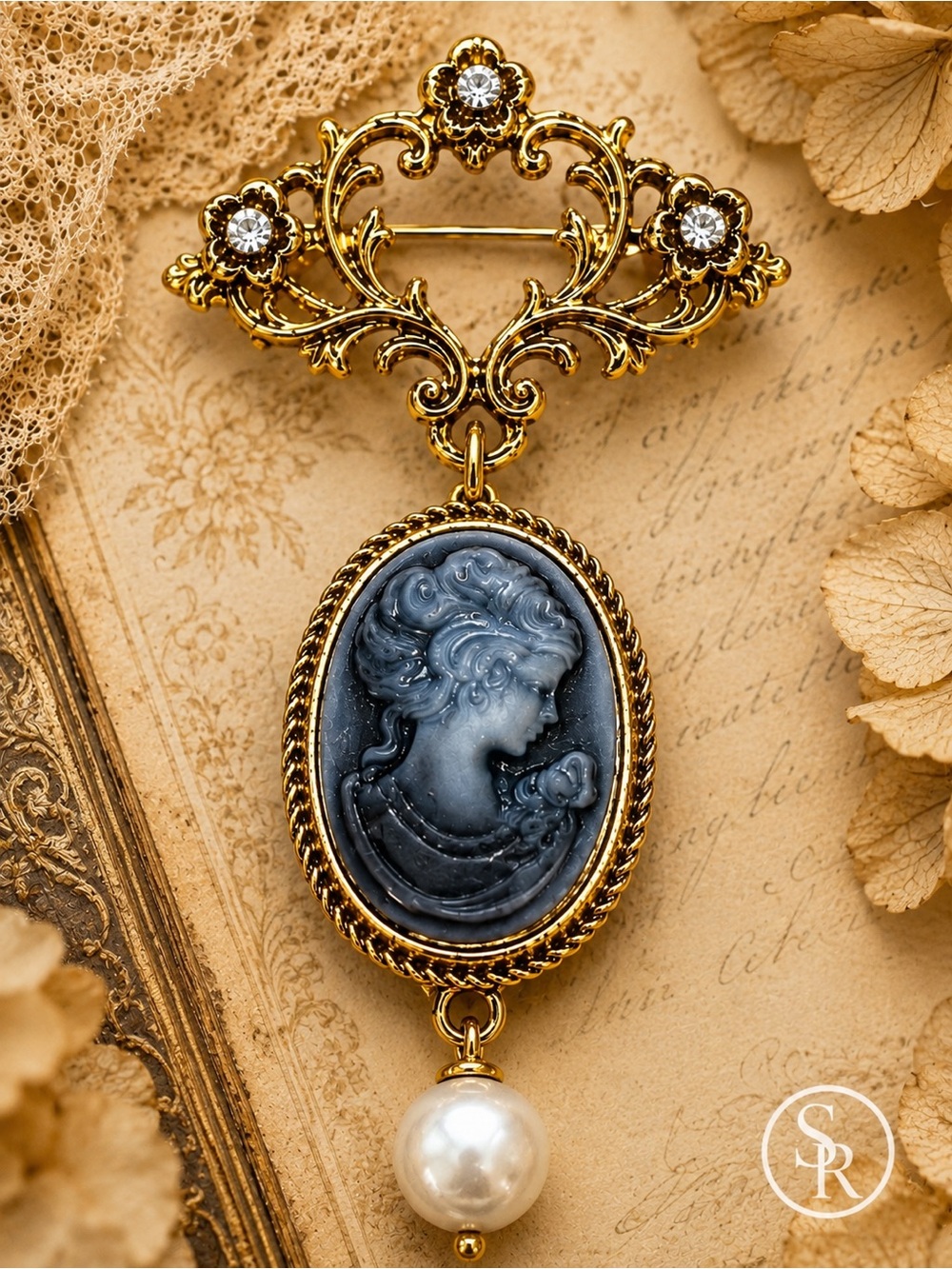 Cameo Brooch Right Facing Lady Pearl Drop Gold Tone Victorian Style NWT